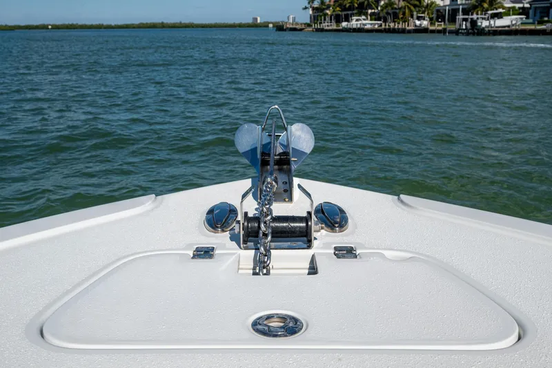 Rock N Reel Yacht Photos Pics Bow view of 2018 Yellowfin 36 Offshore boat on calm water.