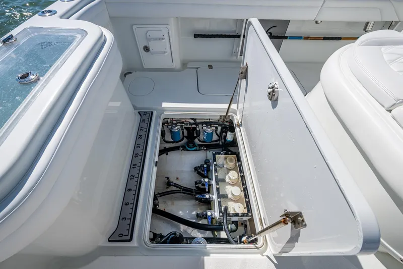 Rock N Reel Yacht Photos Pics 2018 Yellowfin 36 Offshore boat showing open hatch with internal components.