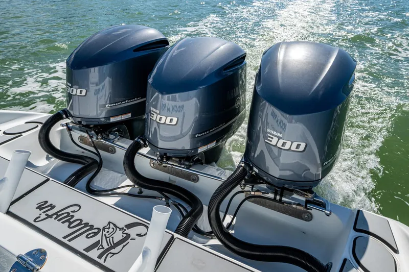Rock N Reel Yacht Photos Pics 2018 Yellowfin 36 Offshore boat with triple Yamaha 300 engines on water.