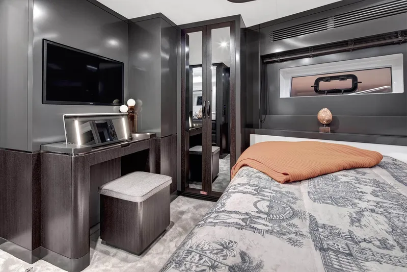  Yacht Photos Pics Luxurious interior of 2022 Sirena 68 yacht with modern decor and elegant furnishings.
