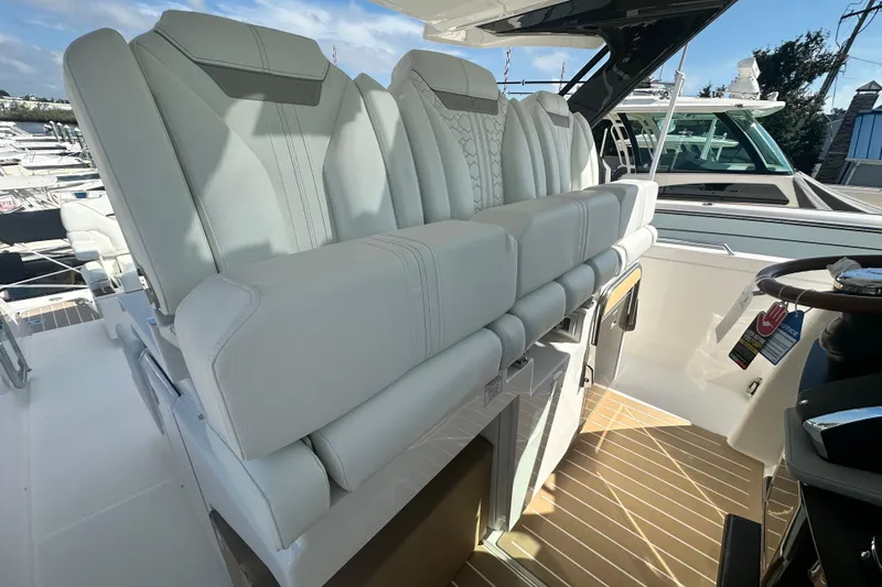  Yacht Photos Pics Luxurious seating on 2026 Tiara Yachts 34 LS, showcasing premium design and comfort.