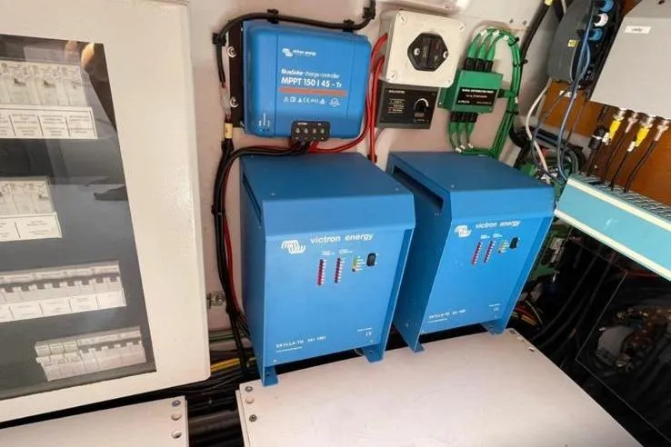 Somni Yacht Photos Pics Electrical system setup in a 2013 Lagoon 560 S2 yacht featuring Victron Energy components.