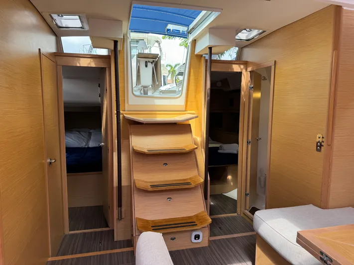 Pura Vida Yacht Photos Pics Interior of 2022 Dufour 530 yacht with wooden finish and modern design.