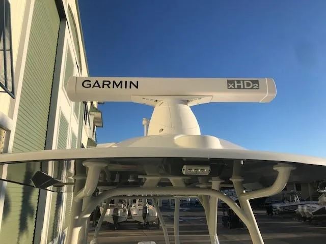  Yacht Photos Pics Garmin xHD2 radar on 2019 Yellowfin 34 Offshore boat under clear blue sky.