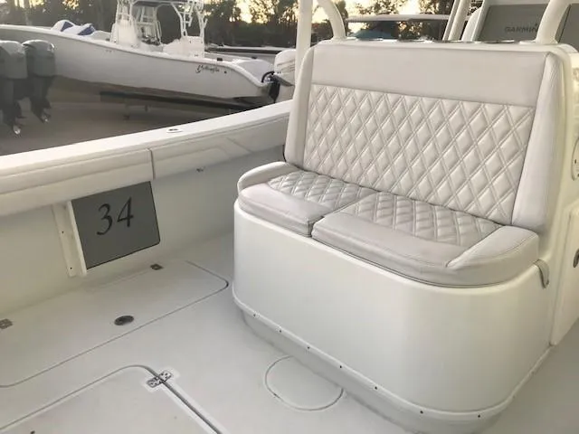  Yacht Photos Pics 2019 Yellowfin 34 Offshore boat with quilted seating and spacious deck.