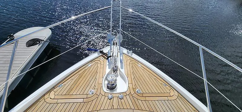  Yacht Photos Pics Bow view of 2020 Sunseeker Predator 74 XPS yacht with teak decking.