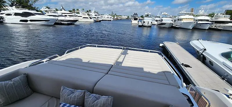  Yacht Photos Pics Luxurious Sunseeker Predator 74 XPS yacht docked in a marina, 2020 model.