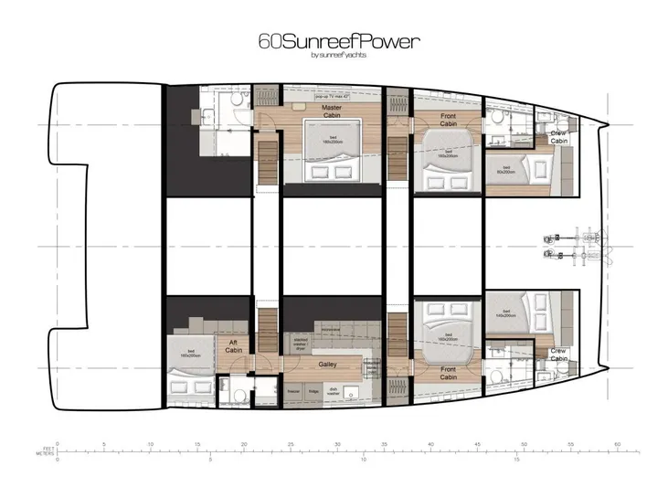  Yacht Photos Pics Floor plan of 2026 Sunreef 60 Power yacht, featuring cabins and galley layout.