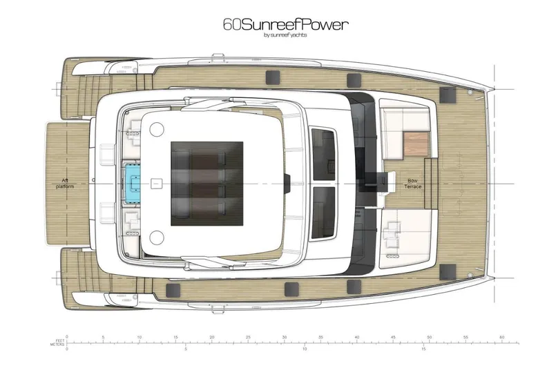  Yacht Photos Pics Top view layout of 2026 Sunreef 60 Power yacht, showcasing deck and interior design.