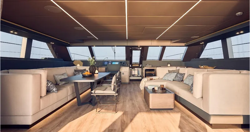  Yacht Photos Pics Luxurious interior of 2026 Sunreef 60 Power yacht with elegant seating and modern design.