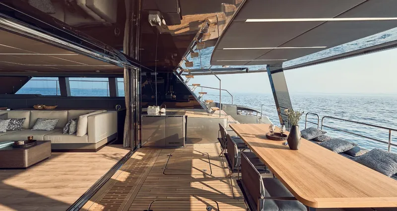  Yacht Photos Pics Luxurious interior of 2026 Sunreef 60 Power yacht with elegant seating and ocean view.