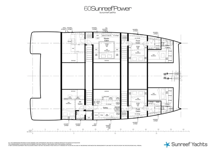  Yacht Photos Pics Floor plan of 2026 Sunreef 60 Power yacht, showcasing cabin and layout details.
