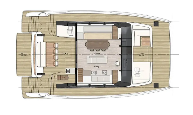  Yacht Photos Pics Floor plan of 2026 Sunreef 60 Power yacht, featuring cockpit, saloon, galley, and terraces.