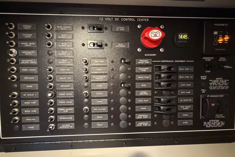 Mj Yacht Photos Pics 2019 Carver C34 control panel with switches and indicators for various boat functions.