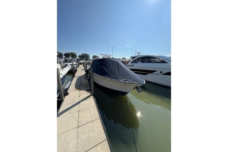  Yacht Photos Pics 2013 Grady-White Canyon 336 boat covered at marina dock under clear sky.