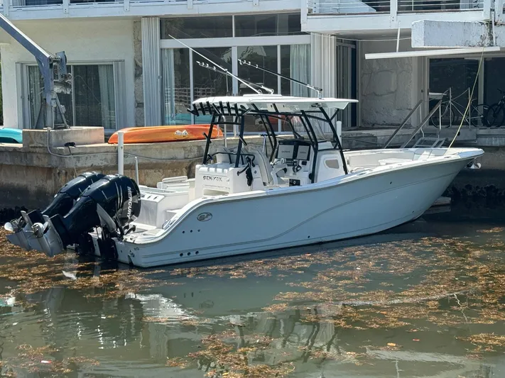  Yacht Photos Pics 2022 Sea Fox 328 Commander boat docked near a waterfront building.