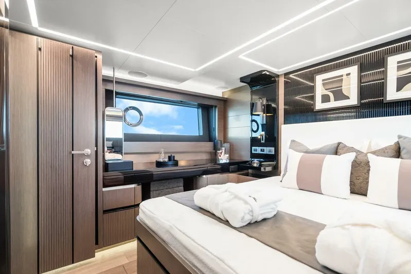  Yacht Photos Pics Luxurious interior of 2025 Pearl 63 yacht with modern design and elegant furnishings.