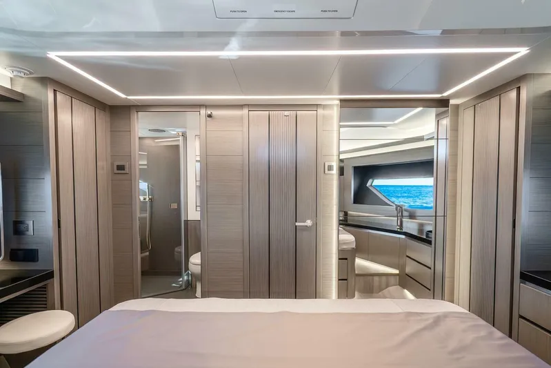  Yacht Photos Pics Luxurious interior of 2025 Pearl 63 yacht with modern design and ocean view.