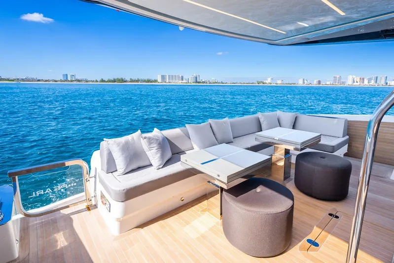  Yacht Photos Pics Luxurious Pearl 63 yacht deck with modern seating, overlooking serene blue waters, 2025 model.