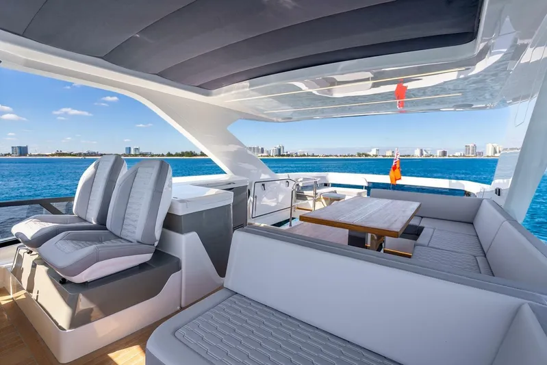  Yacht Photos Pics Luxurious 2025 Pearl 63 yacht interior with seating, table, and ocean view.