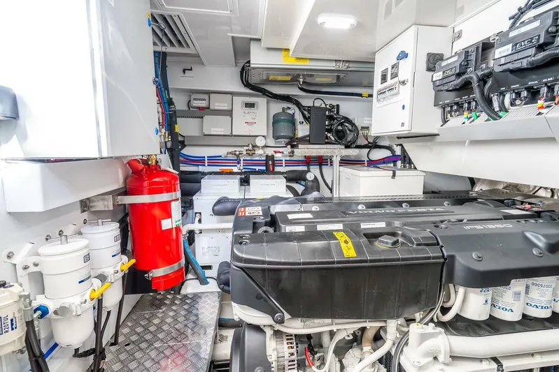  Yacht Photos Pics Engine room of 2025 Pearl 63 yacht, featuring advanced machinery and equipment.