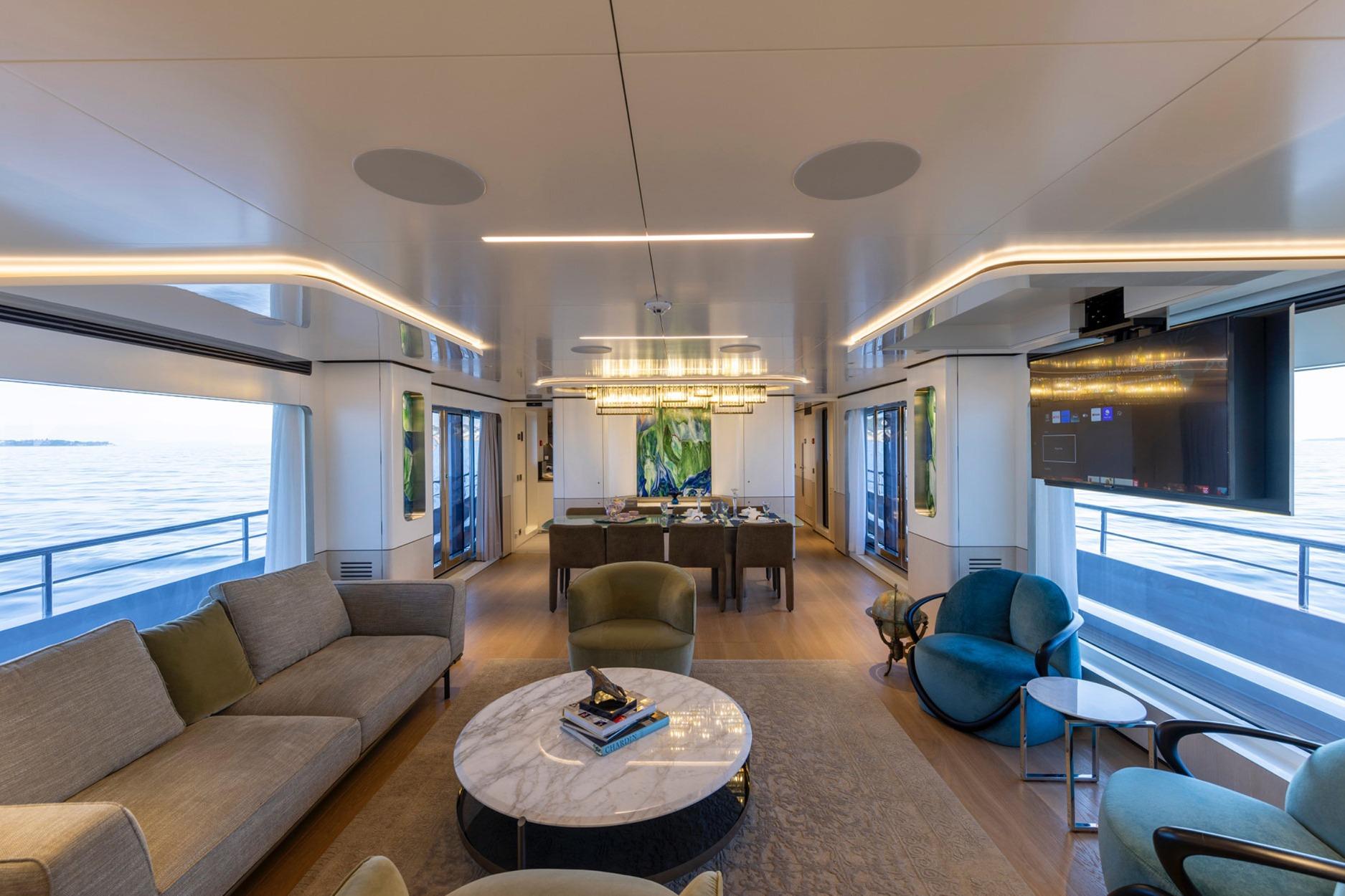 Luxurious interior of 2025 Bee BEE Explorer Yacht with modern furnishings and ocean view.