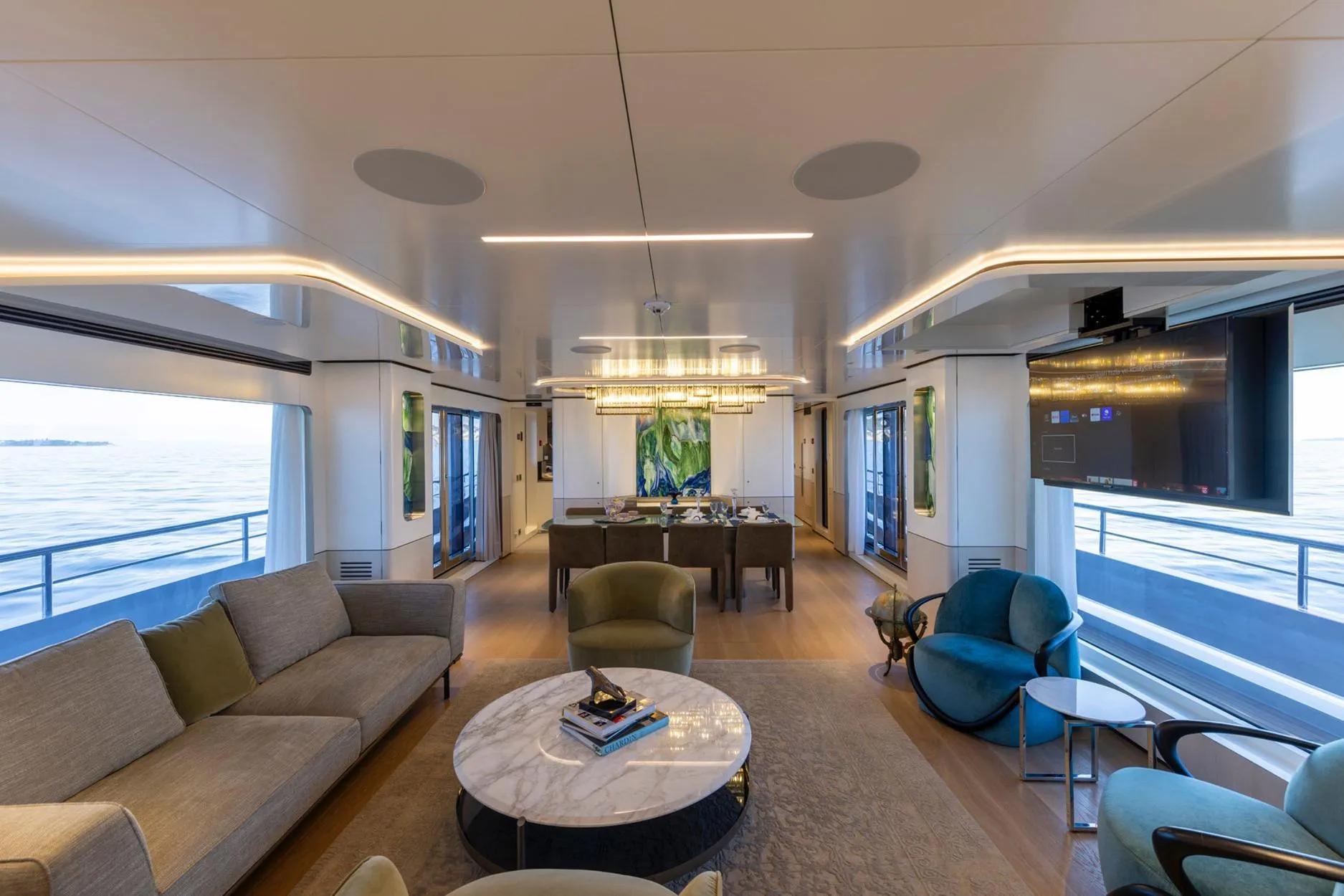 Luxurious interior of 2025 Bee BEE Explorer Yacht with modern furnishings and ocean view.