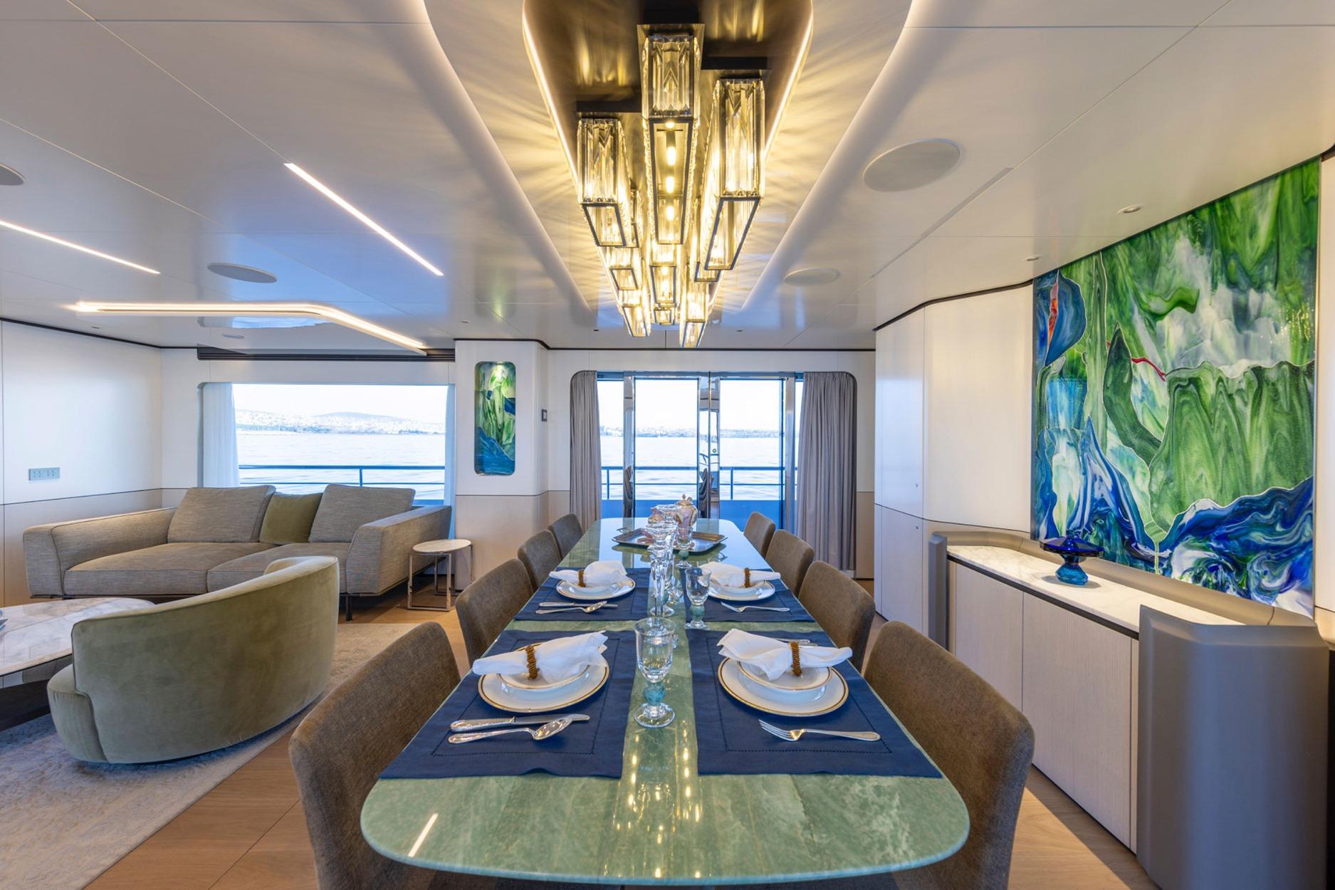 Luxurious interior of 2025 Bee BEE Explorer Yacht with elegant dining area and modern decor.