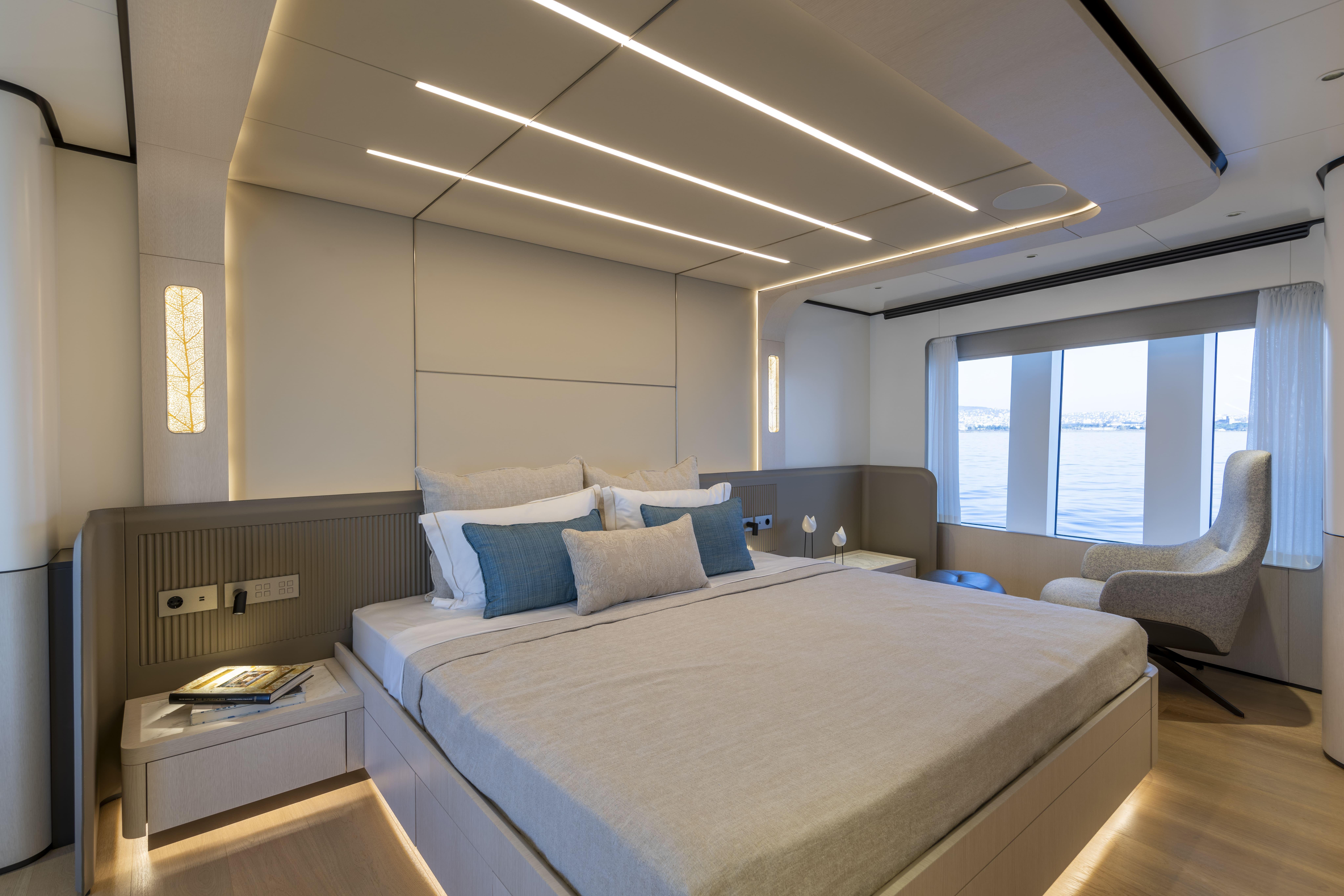 Luxurious bedroom interior of 2025 Bee BEE Explorer Yacht with modern design and ocean view.