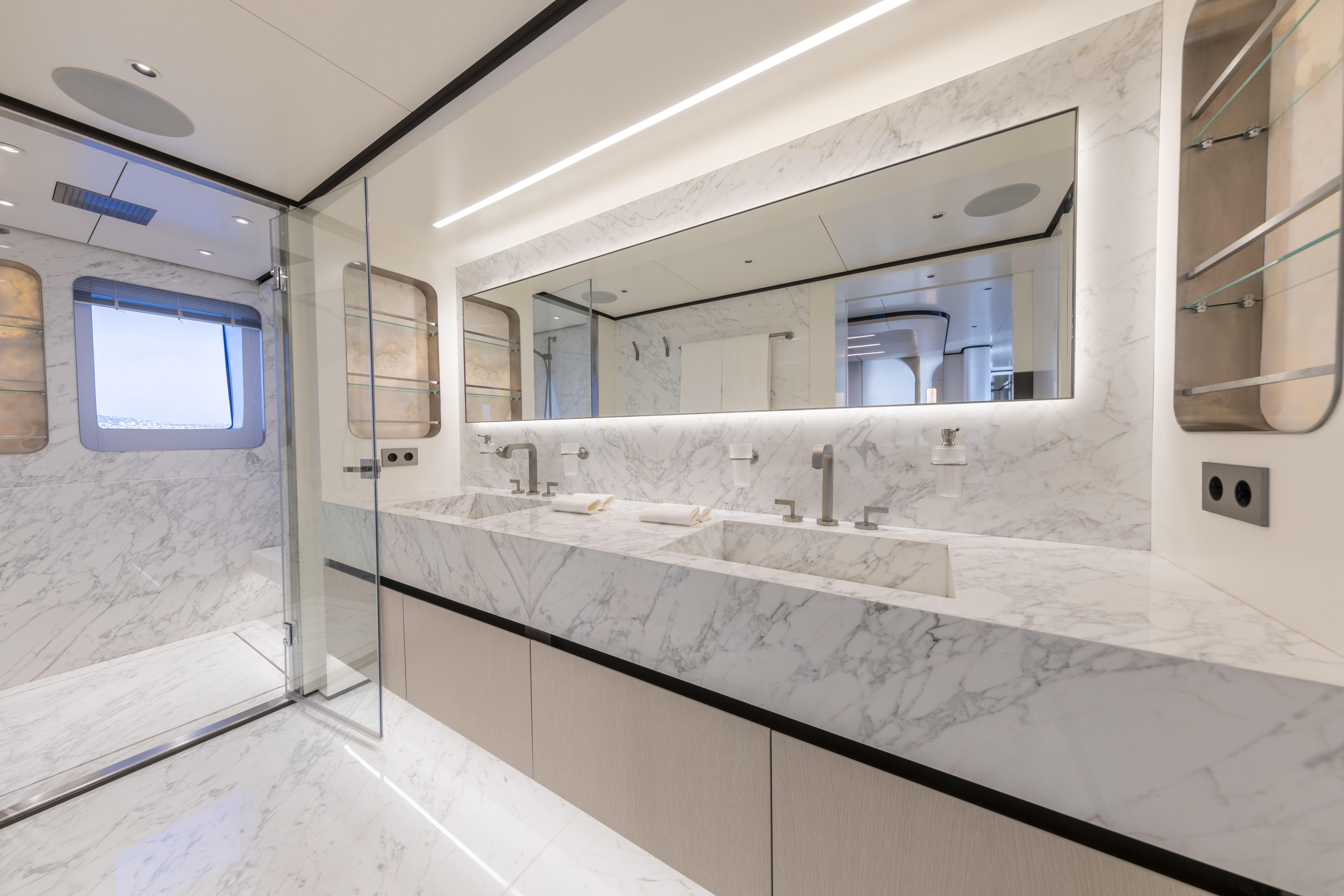 Luxurious marble bathroom interior on 2025 Bee BEE Explorer Yacht.