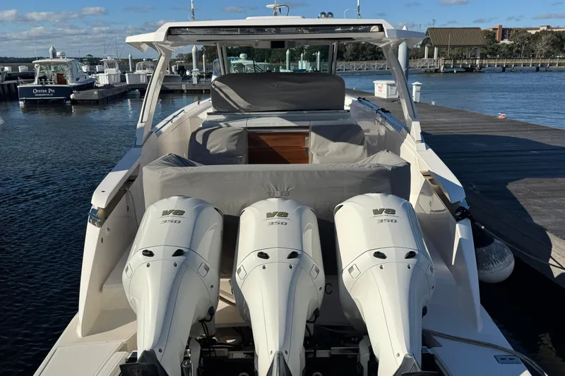 Praiano Yacht Photos Pics 2019 Tiara Sport 38 LS boat with triple V8 engines docked at marina.