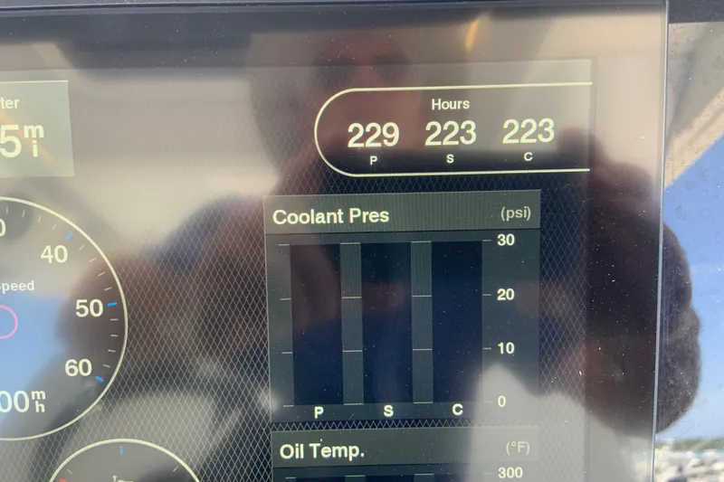  Yacht Photos Pics Dashboard of 2021 Jeanneau Leader 12.5 WA showing engine hours and coolant pressure.