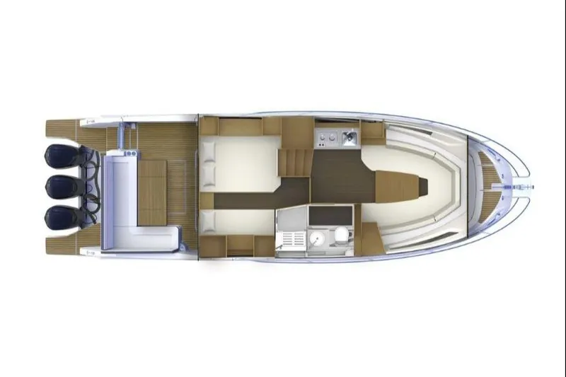  Yacht Photos Pics Top view of 2021 Jeanneau Leader 12.5 WA boat layout with triple engines.