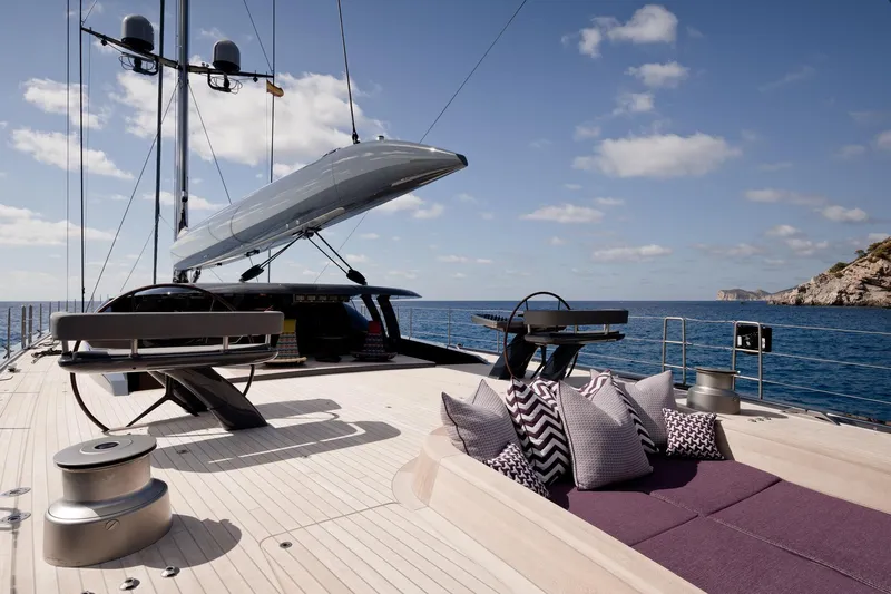 Ngoni Yacht Photos Pics Luxury yacht Royal Huisman Dubois Mega Sloop, 2017, with stylish deck and cushions.