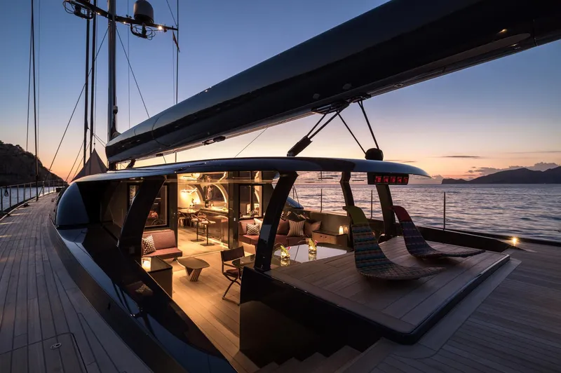Ngoni Yacht Photos Pics Luxurious Royal Huisman Dubois Mega Sloop yacht at sunset, built in 2017.