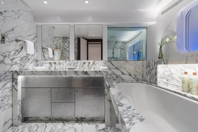 Ngoni Yacht Photos Pics Luxurious marble bathroom on Royal Huisman Dubois Mega Sloop 2017.