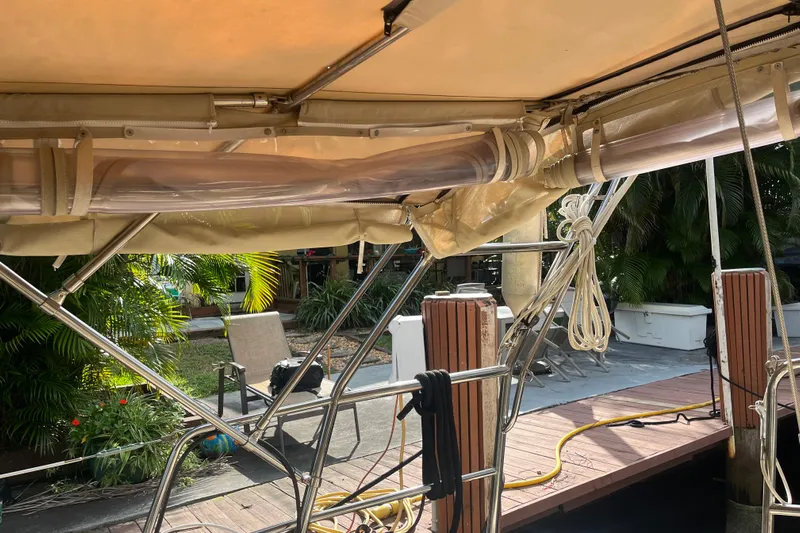 Mawe Yacht Photos Pics Covered deck area of a 2006 Island Packet 440 sailboat at a dock.