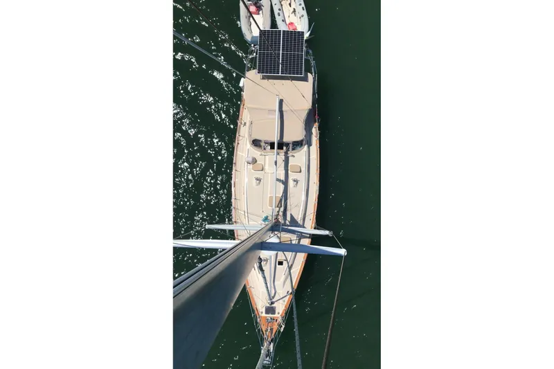 Mawe Yacht Photos Pics Aerial view of 2006 Island Packet 440 sailboat with solar panels on deck.