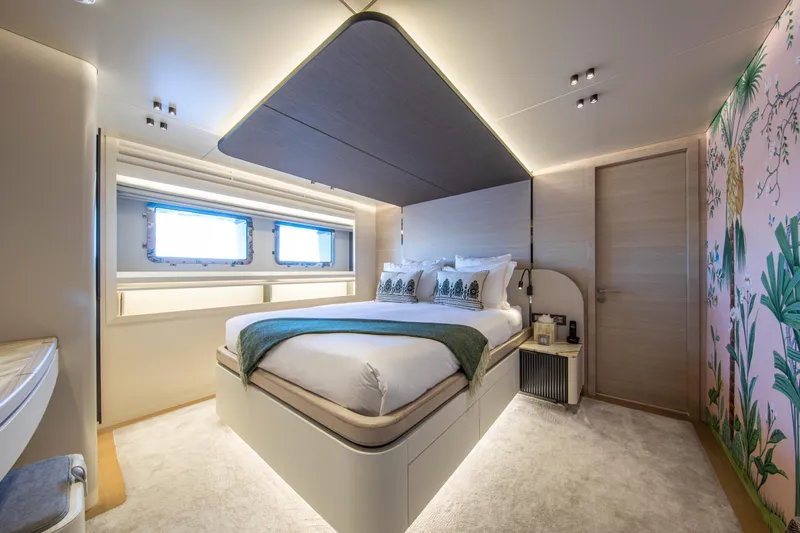 37xp-17 Yacht Photos Pics Luxurious bedroom interior of 2026 Numarine 37XP-17 yacht with elegant decor and natural light.