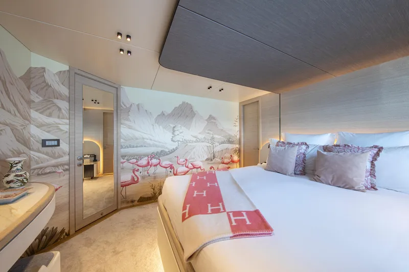 37xp-17 Yacht Photos Pics Luxurious bedroom interior on 2026 Numarine 37XP-17 yacht with elegant decor and scenic mural.