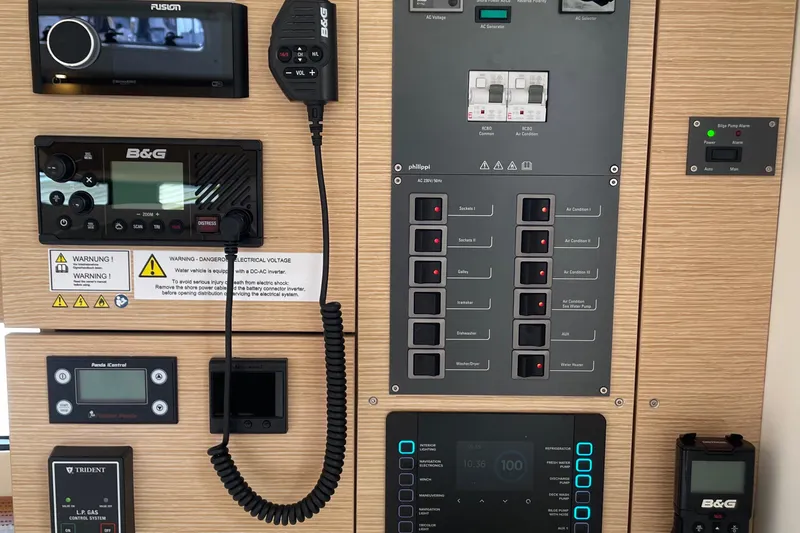 Uncorked Yacht Photos Pics Control panel of 2023 Hanse 460 yacht with navigation and communication equipment.