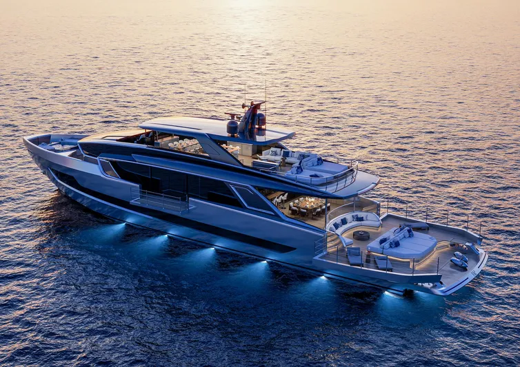 Viper 130 Yacht Photos Pics Luxurious ISA Viper 130 yacht, 2027 model, illuminated on serene ocean at sunset.