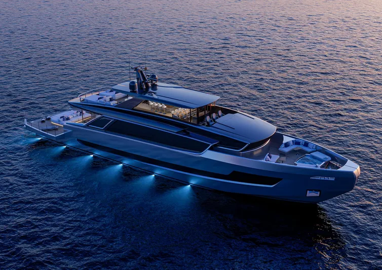 Viper 130 Yacht Photos Pics Luxurious 2027 ISA Viper 130 yacht illuminated on serene ocean waters at sunset.