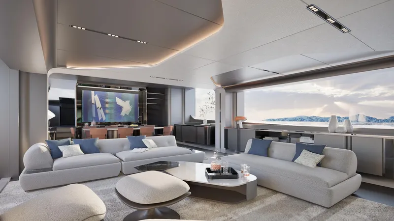 Viper 130 Yacht Photos Pics Luxurious interior of 2027 ISA Viper 130 yacht with modern seating and panoramic views.