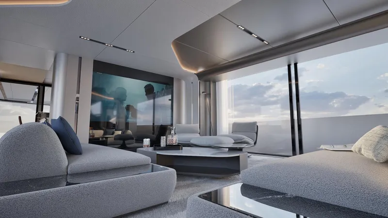 Viper 130 Yacht Photos Pics Luxurious interior of 2027 ISA Viper 130 yacht with modern furnishings and panoramic windows.