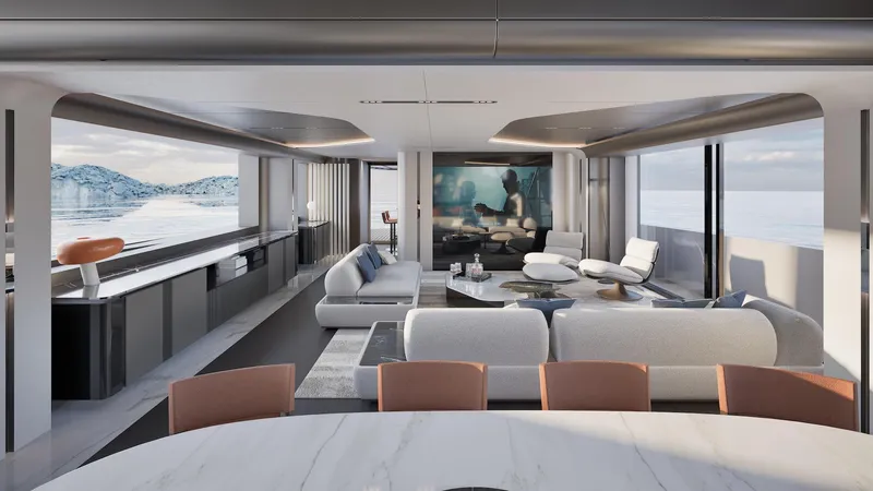 Viper 130 Yacht Photos Pics Luxurious interior of 2027 ISA Viper 130 yacht with modern furnishings and ocean view.