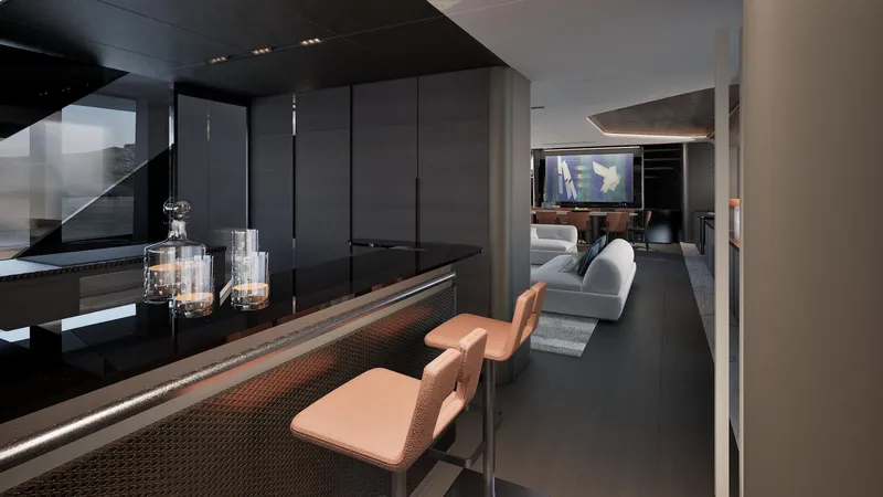 Viper 130 Yacht Photos Pics Luxurious interior of 2027 ISA Viper 130 yacht with modern bar and seating area.