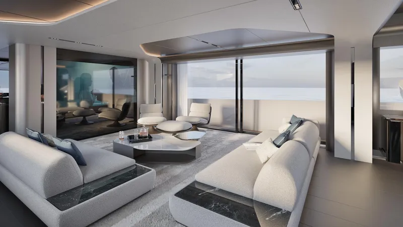 Viper 130 Yacht Photos Pics Luxurious interior of 2027 ISA Viper 130 yacht with modern furnishings and ocean view.