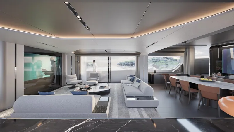 Viper 130 Yacht Photos Pics Luxurious interior of 2027 ISA Viper 130 yacht with modern furnishings and ocean views.