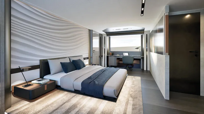 Viper 130 Yacht Photos Pics Luxurious bedroom interior in ISA Viper 130 yacht, 2027 model, featuring modern design and elegant furnishings.